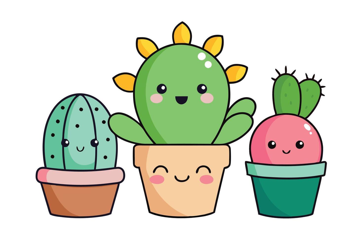 Kawaii Potted Cacti Cartoon with Smiling Faces on White Transparent Background vector
