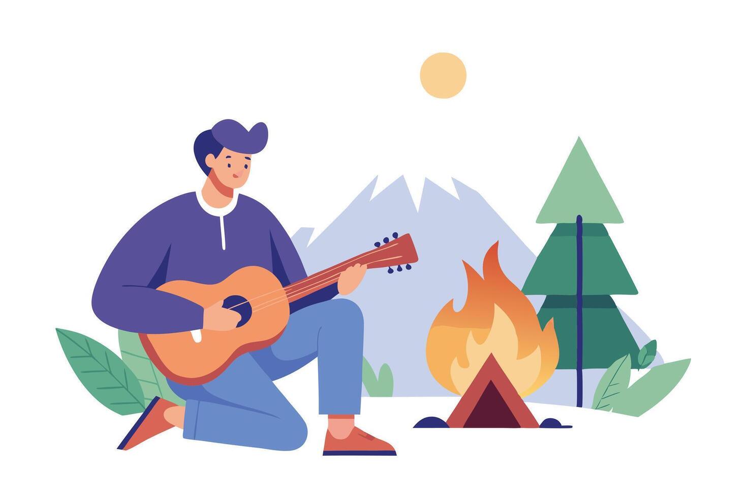 Cartoon Man Playing Guitar by Campfire in Nature With Mountain and Forest View vector