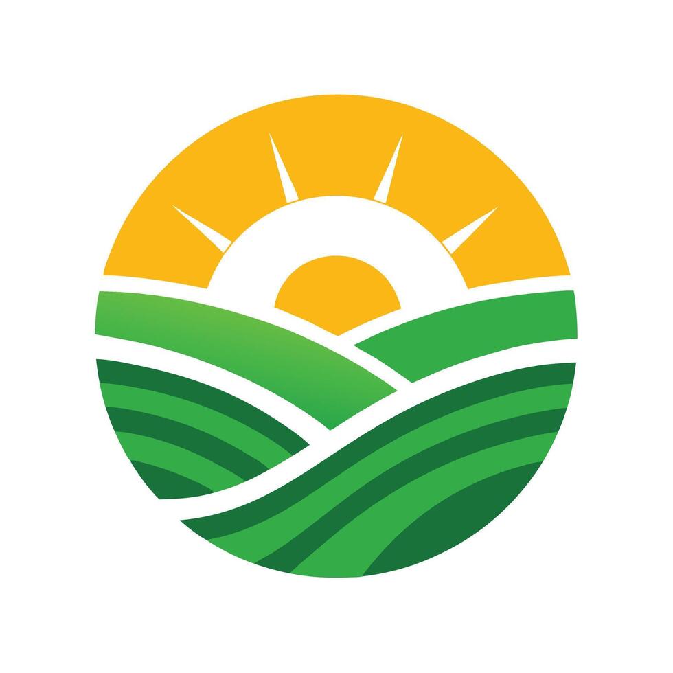 Agriculture Field with Green Terrace and Sun Icon in Circle on White Background vector