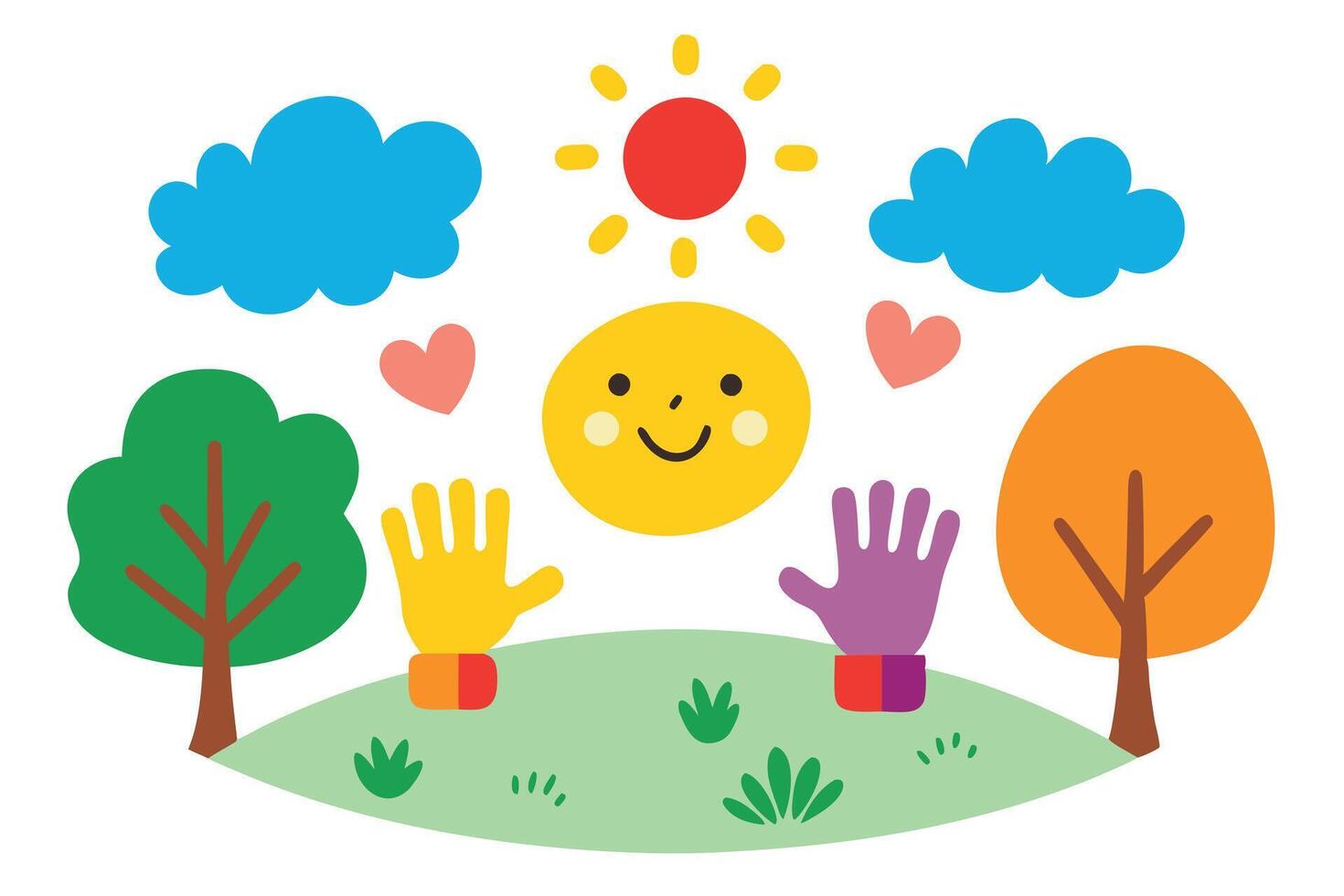 Cheerful Cartoon Landscape with Trees, Clouds, Sun, Smiling Face and Colorful Hands vector