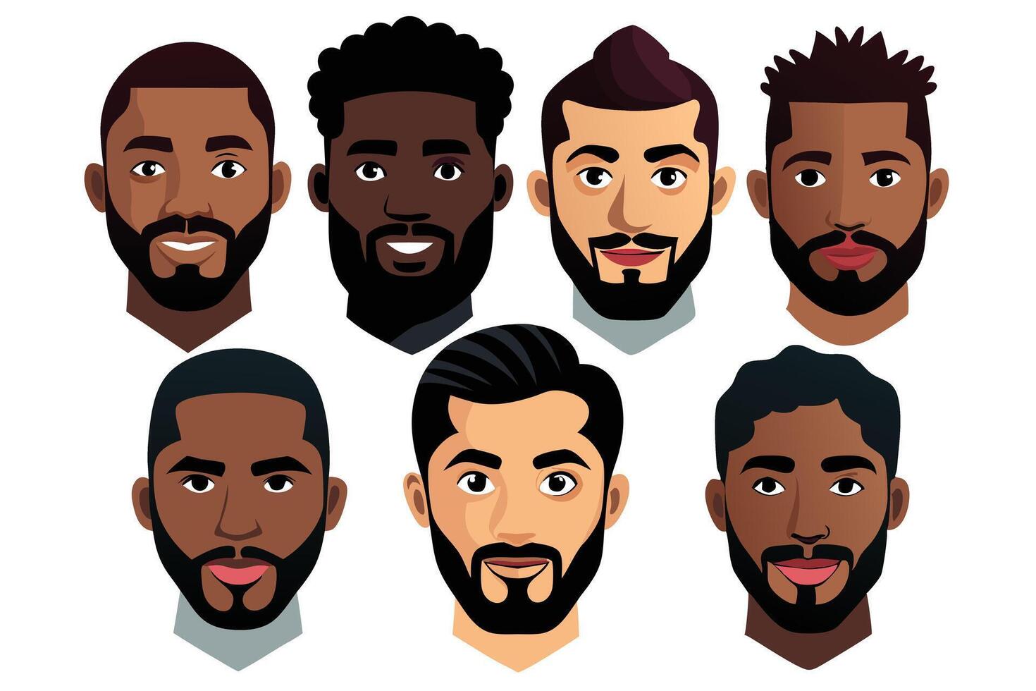 Diverse Cartoon Portraits of Bearded Men with Various Hair Styles on White vector