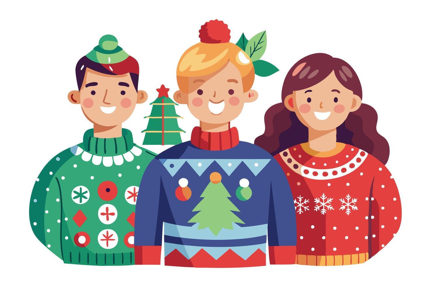 Three Smiling People with Fair Skin in Ugly Christmas Sweaters on White vector