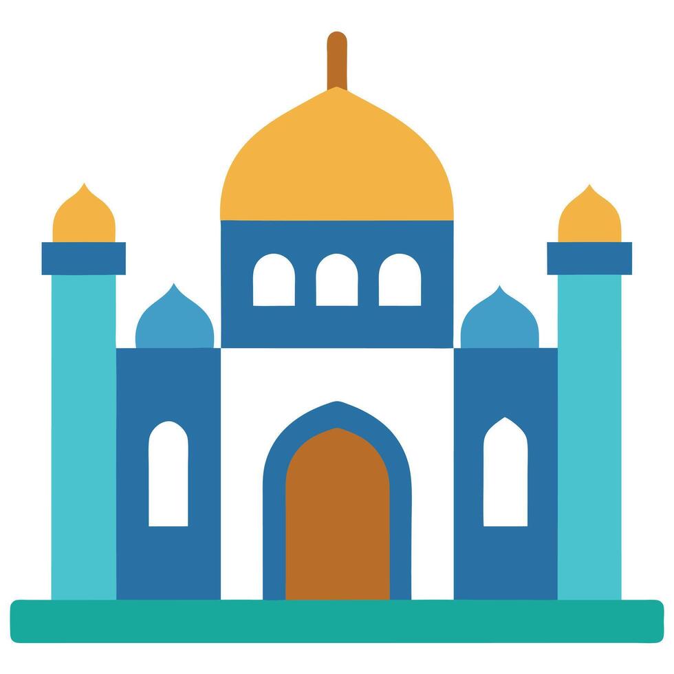 Isolated Geometric Mosque with Golden Dome and Blue Minarets Flat Design vector