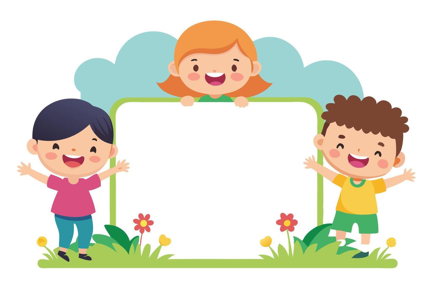 Cheerful Cartoon Kids Smiling Boy Girl Children on Grass with Transparent Background vector