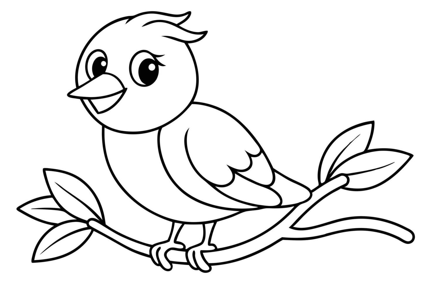 Outlined Cute Cartoon Bird Perched on Branch with Leaves on Transparent Background vector