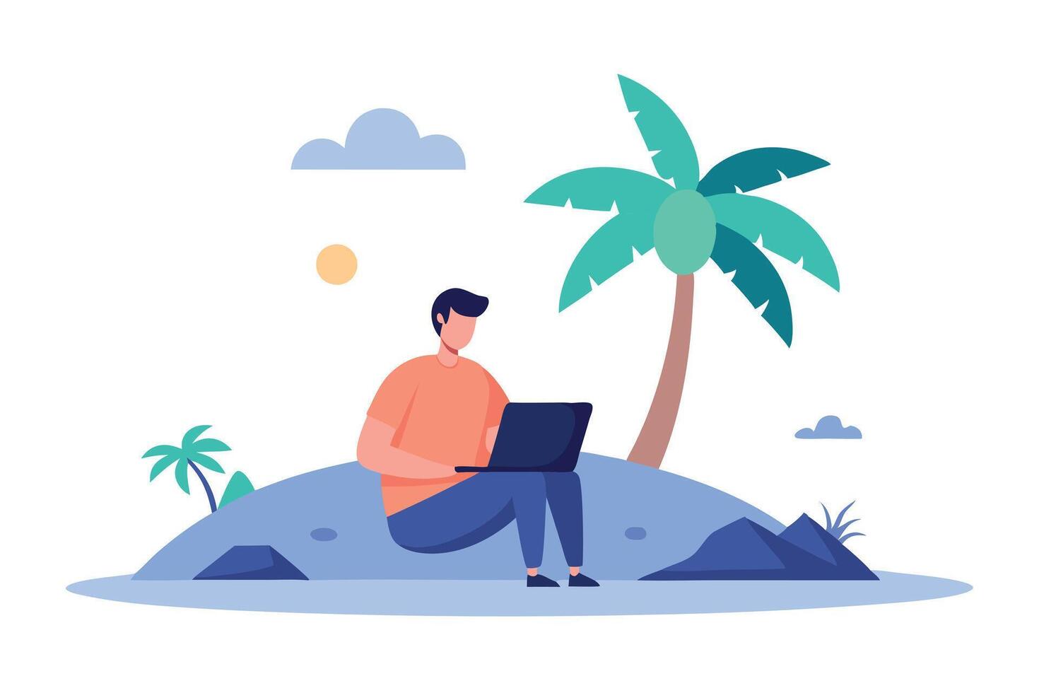 Faceless Man Using Laptop Sitting on Island with Palm Tree in Cartoon Style vector