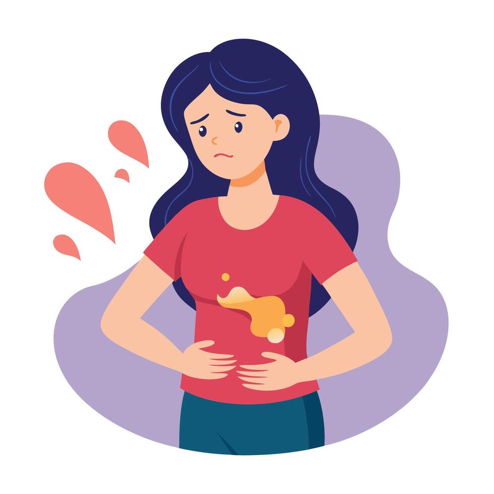 Cartoon Woman with Messy Stain, Hands on Stomach, Purple Backdrop, Art vector