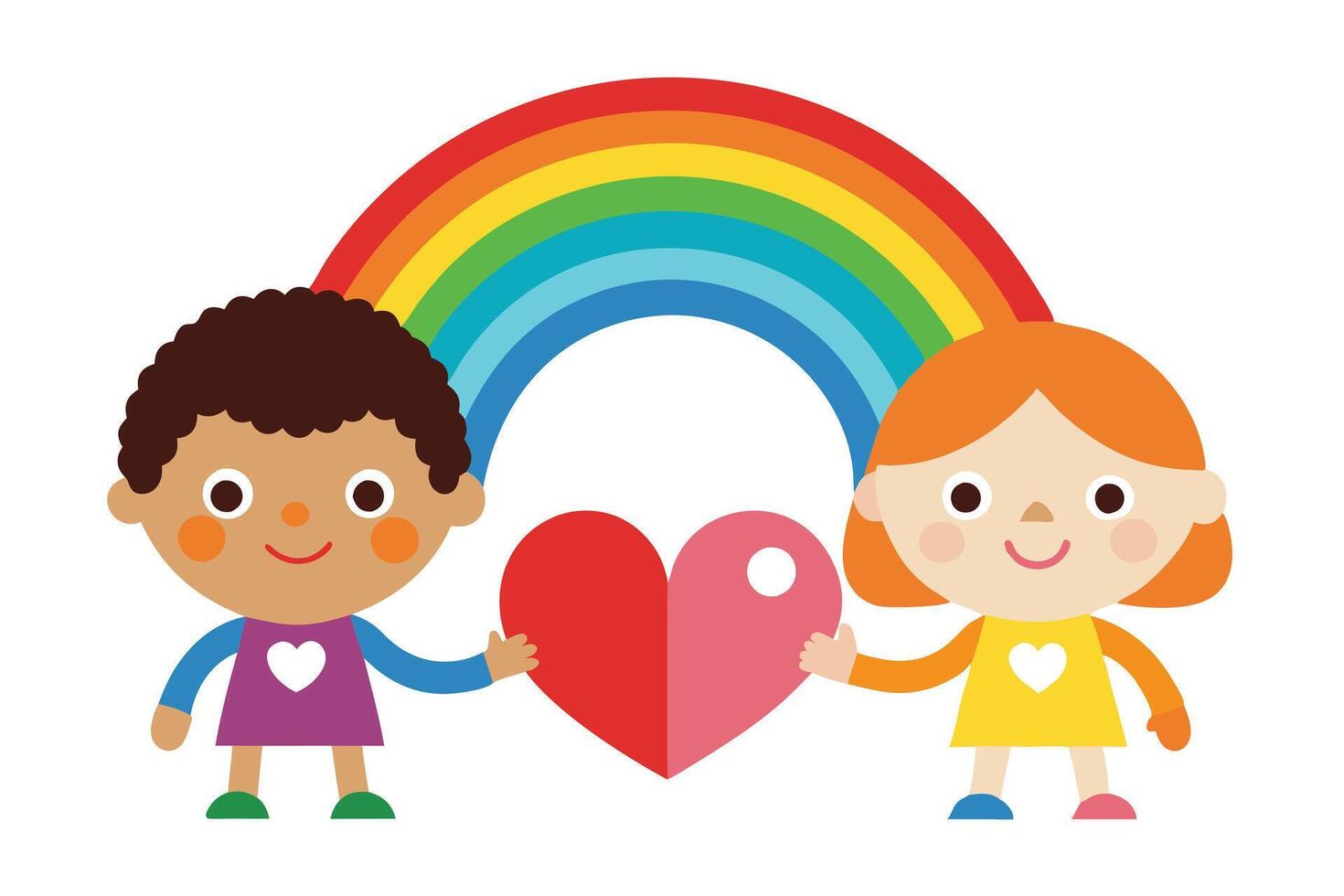 Cheerful diverse kids holding heart under rainbow on transparent background vector