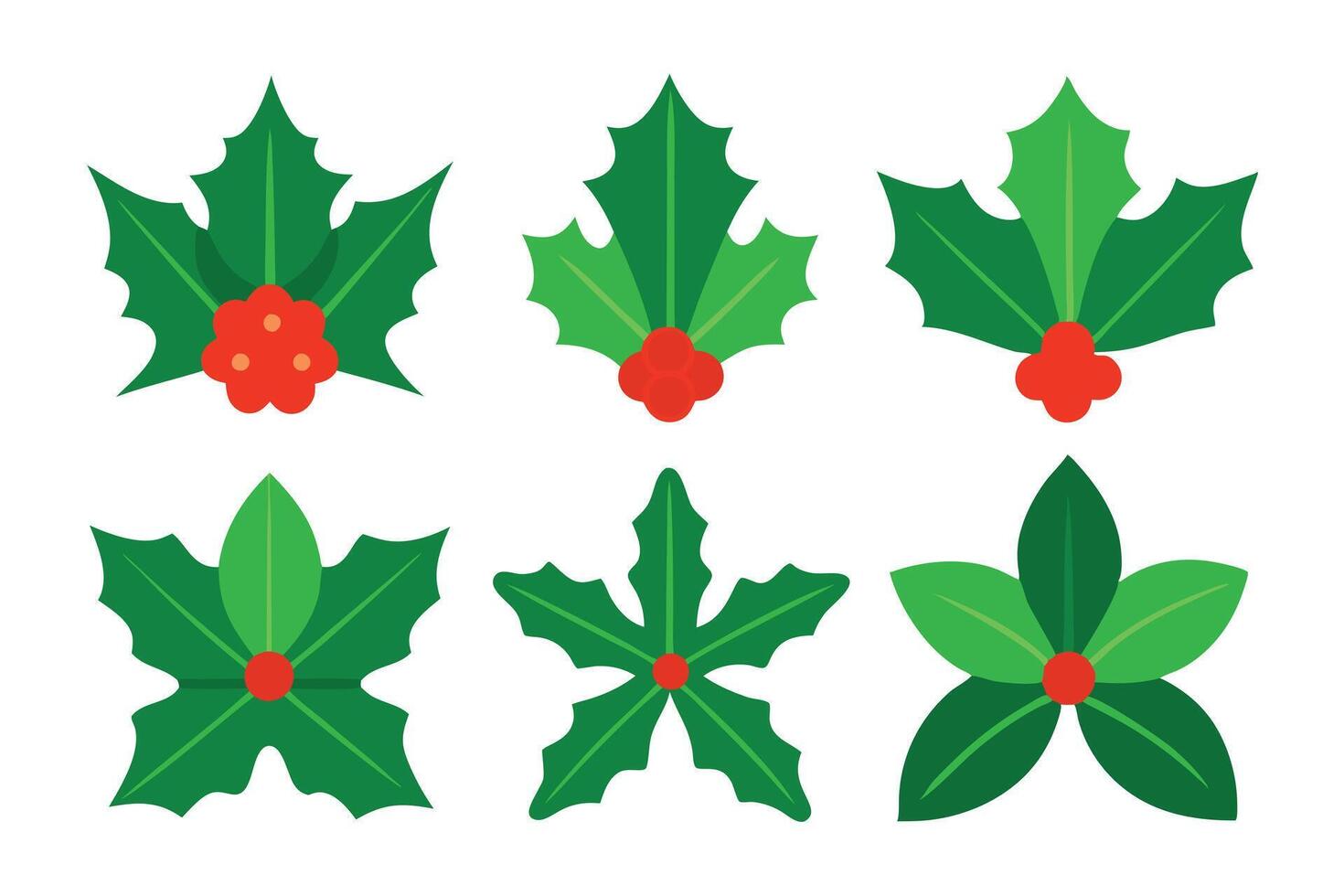 Holly Leaves and Berries Collection Flat Design Elements on Transparent Background vector