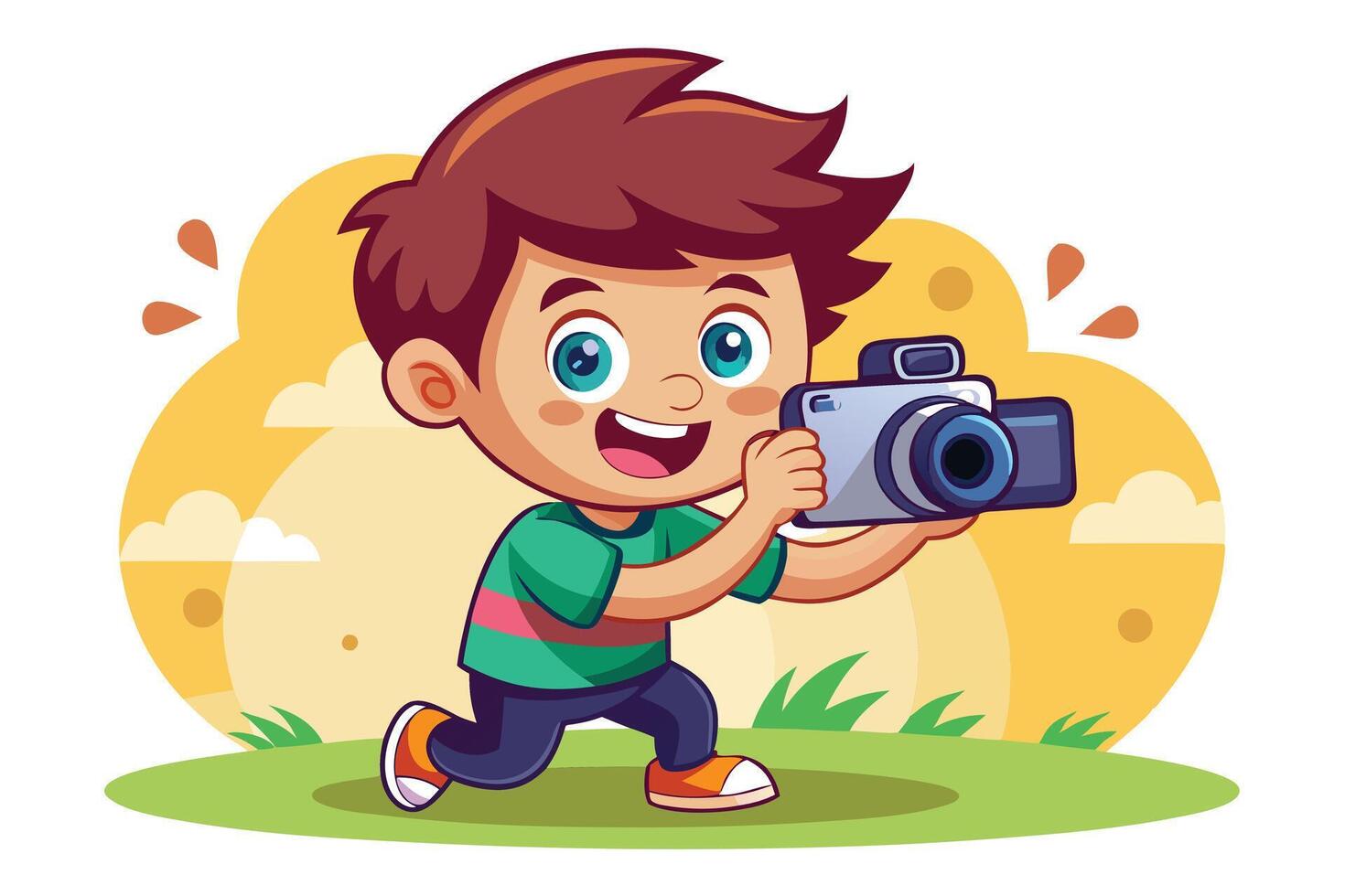 Cheerful Cartoon Boy Taking with Camera on Scenic Background Art vector