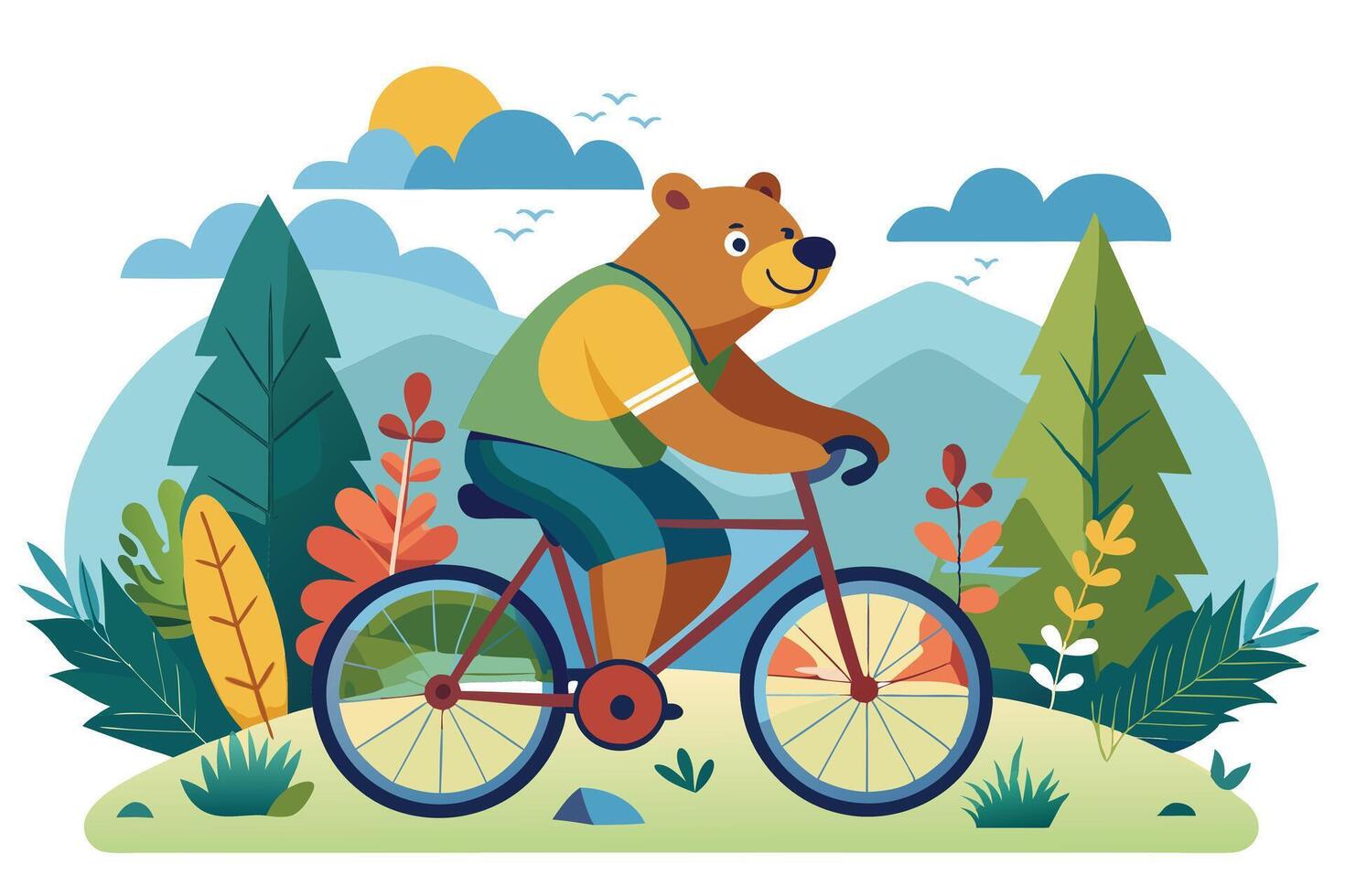 Cartoon Bear Cycling on Bike Through Mountain Scenery with Trees and Clouds vector