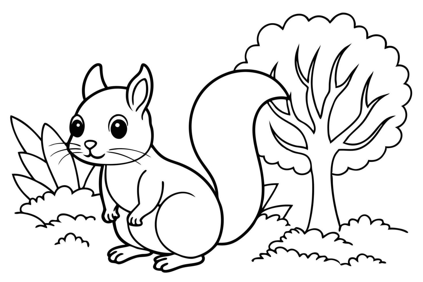 Cartoon Squirrel with Bushy Tail Standing by Tree Line Art vector