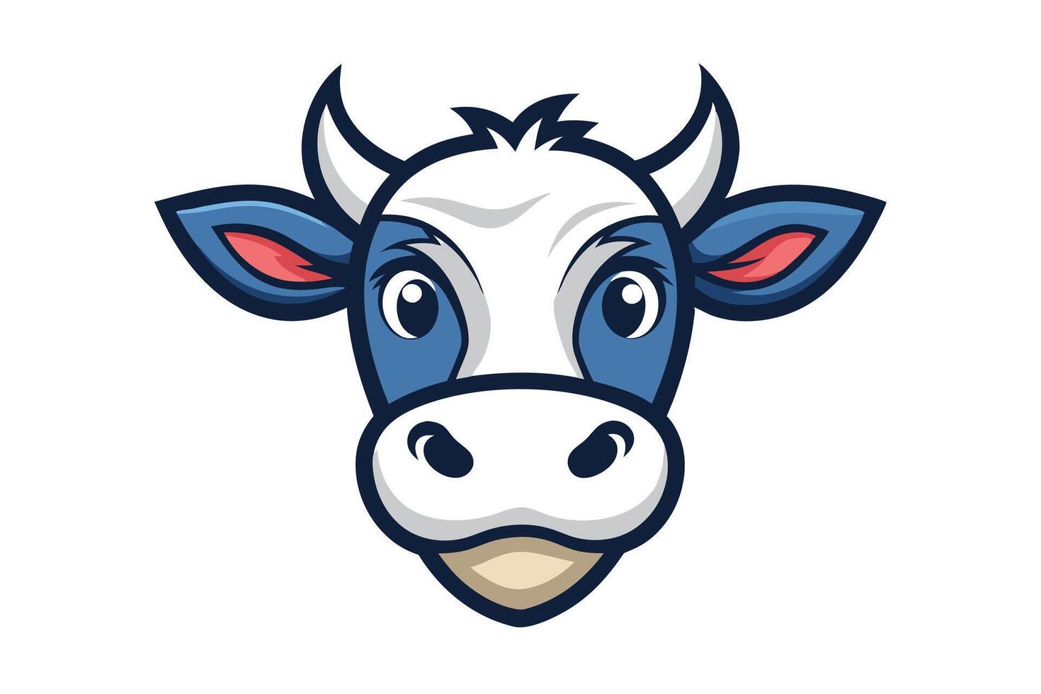 Cartoon Cow Face Logo Design With Horns And Blue Accents On White Background vector