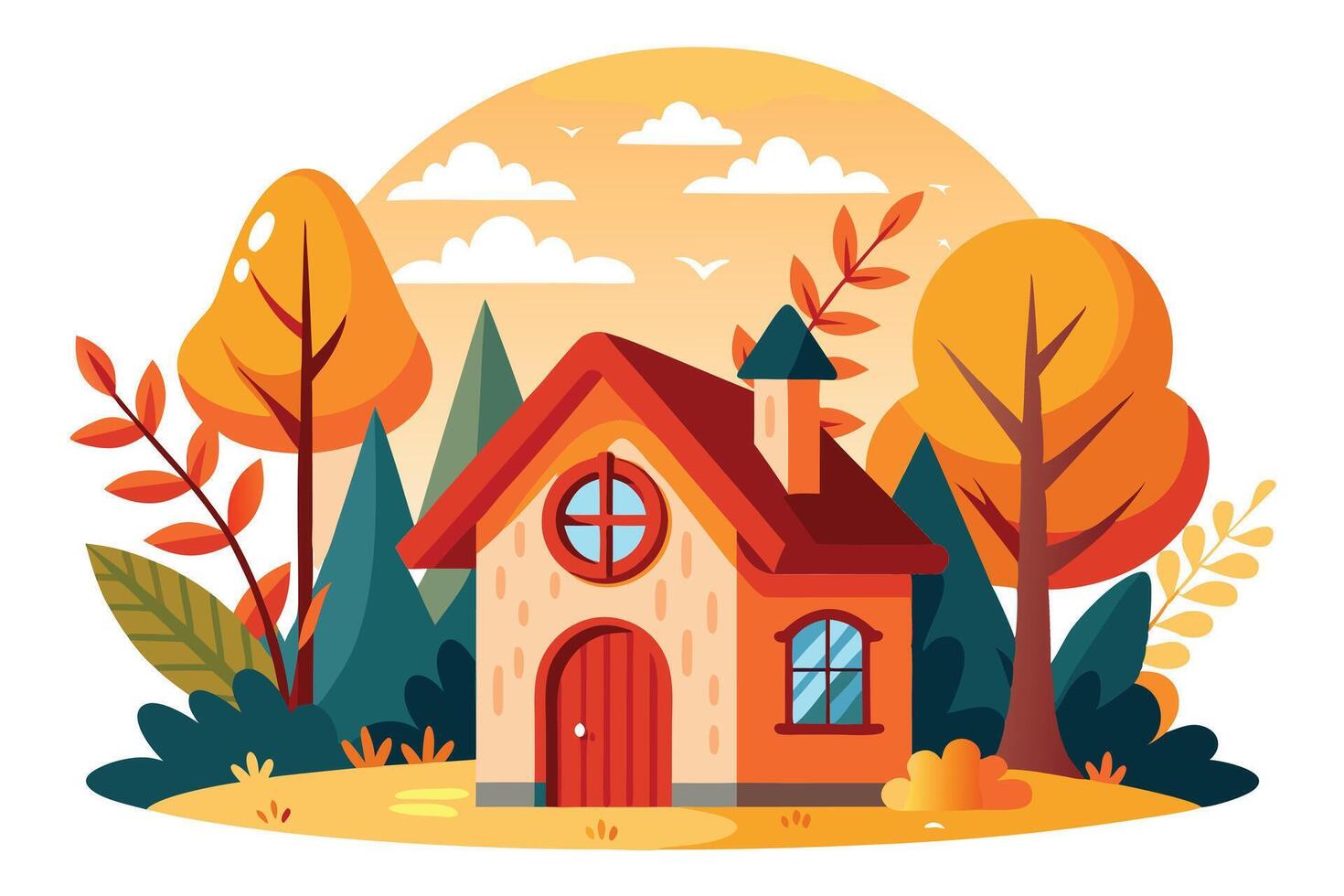 Autumnal With House, Trees, And Sunset In Flat Colorful Design Style vector