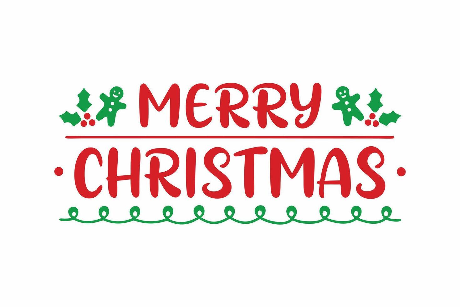Merry Christmas Text with Gingerbread Men, Holly Sprigs, and Swirls on White vector
