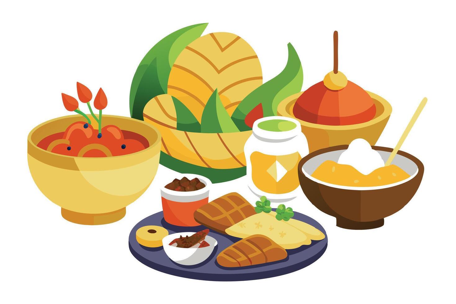 Colorful Food Variety with Dishes Bowls Plate and Decorative Elements on Transparent vector