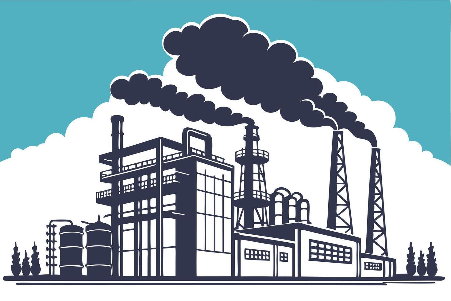 Factory with Chimneys Silhouette releasing Smoke under Blue Sky and White Clouds, vector