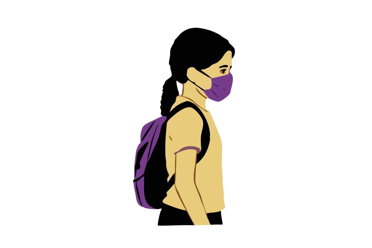 Schoolgirl with Purple Backpack and Face Mask Isolated on White Background vector
