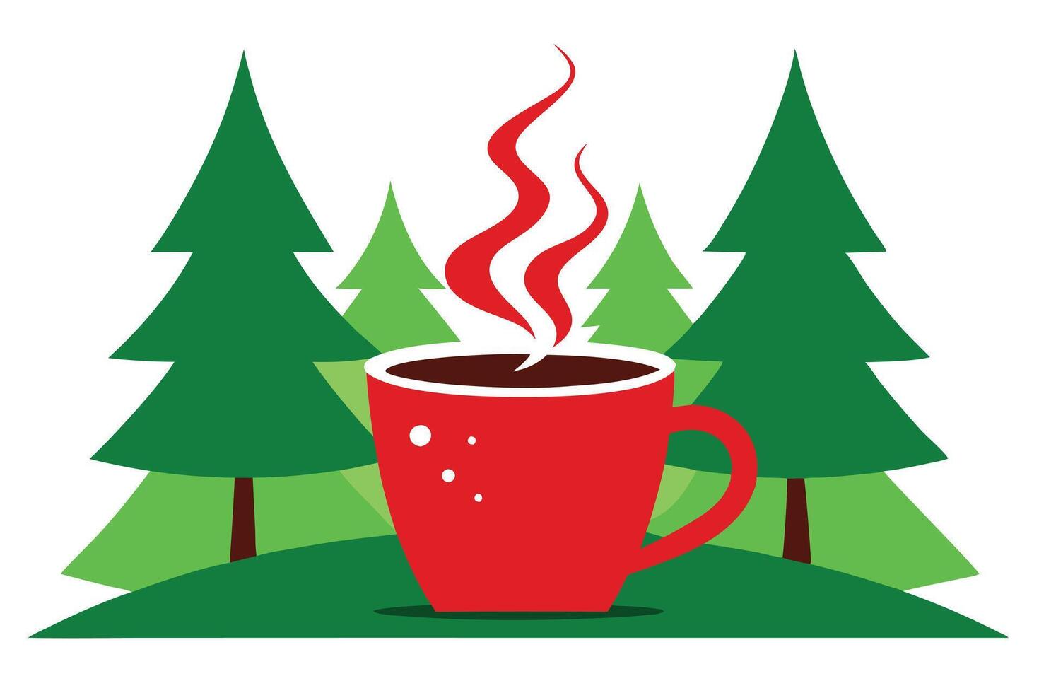 Red Mug with Hot Beverage, Steam, Green Pine Trees on Green Hill, Design vector