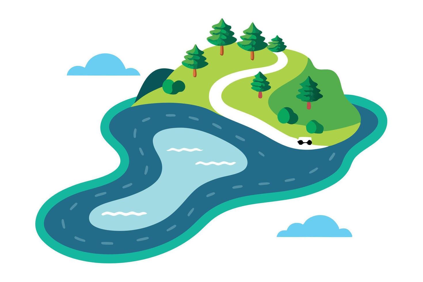 Cartoon Island with Road, Lake, Car and Trees on a Sunny Day Flat vector