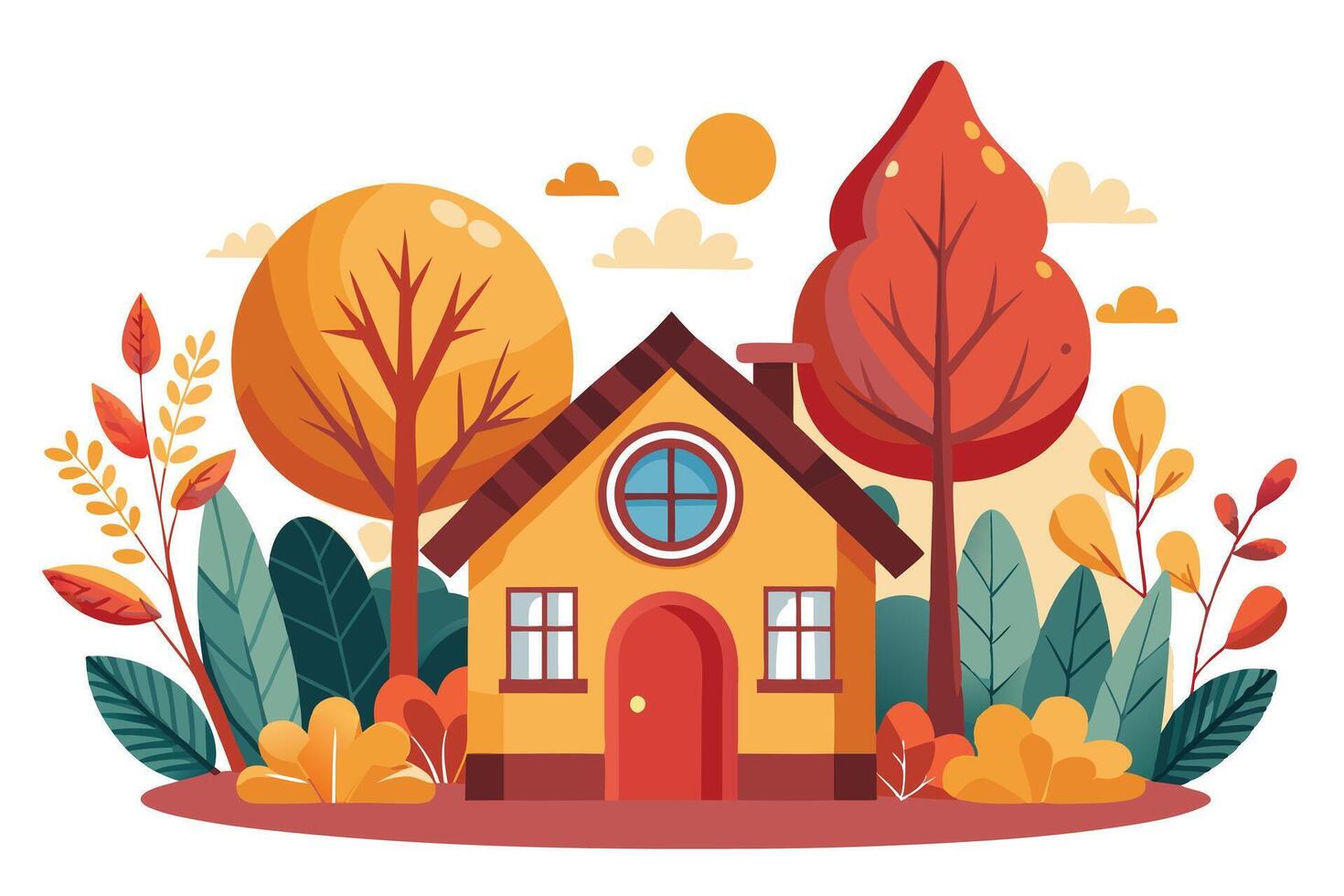 Charming House Surrounded by Autumn Trees with Round Window on White Background vector