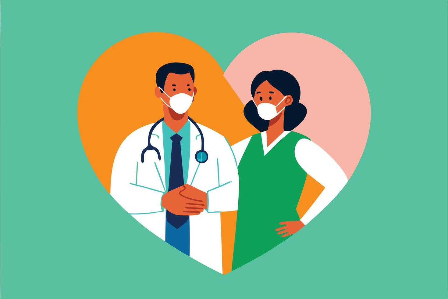 Team of Doctor and Nurse with Face Masks over Heart on Teal Background vector