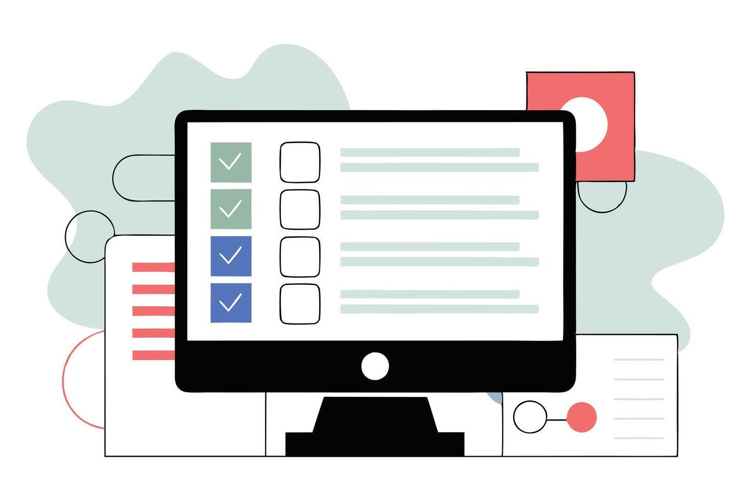 Flat of Digital Monitor with Checkmarks, Boxes and Abstract Shapes vector