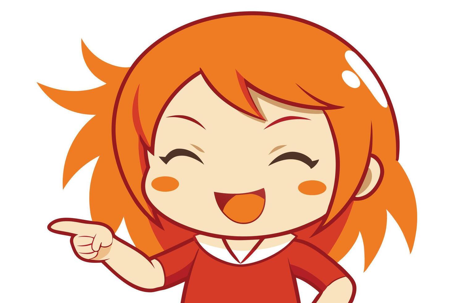 Happy Anime Style Girl Pointing with Orange Hair on White Background vector