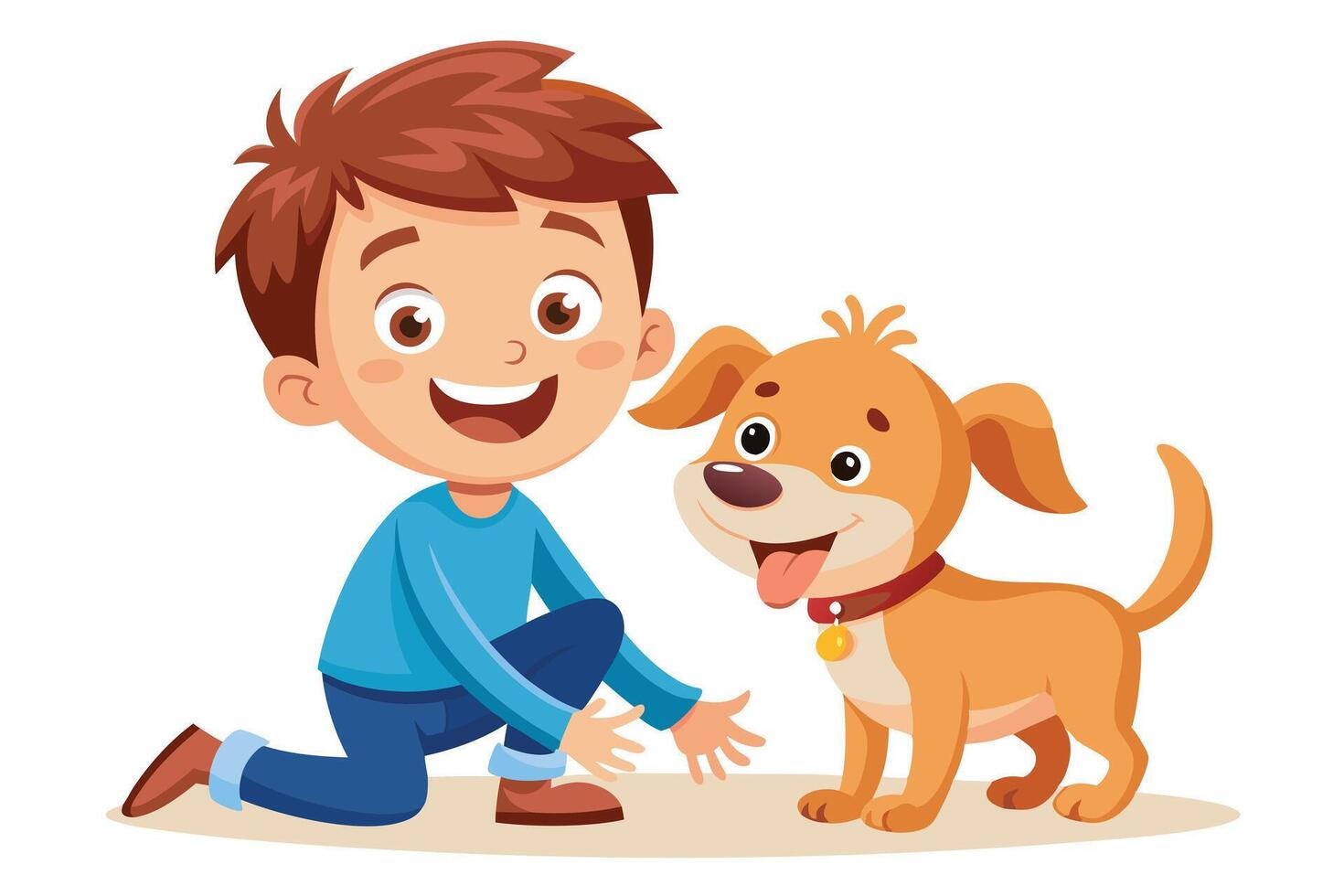 Happy Boy with Brown Hair Kneeling Near Cute Cartoon Dog on White Background vector