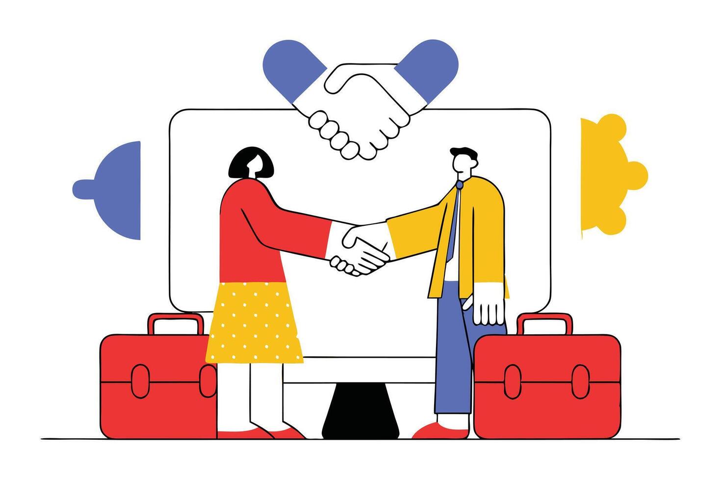 Diverse Business People Handshake Design Near Briefcases On White Background vector