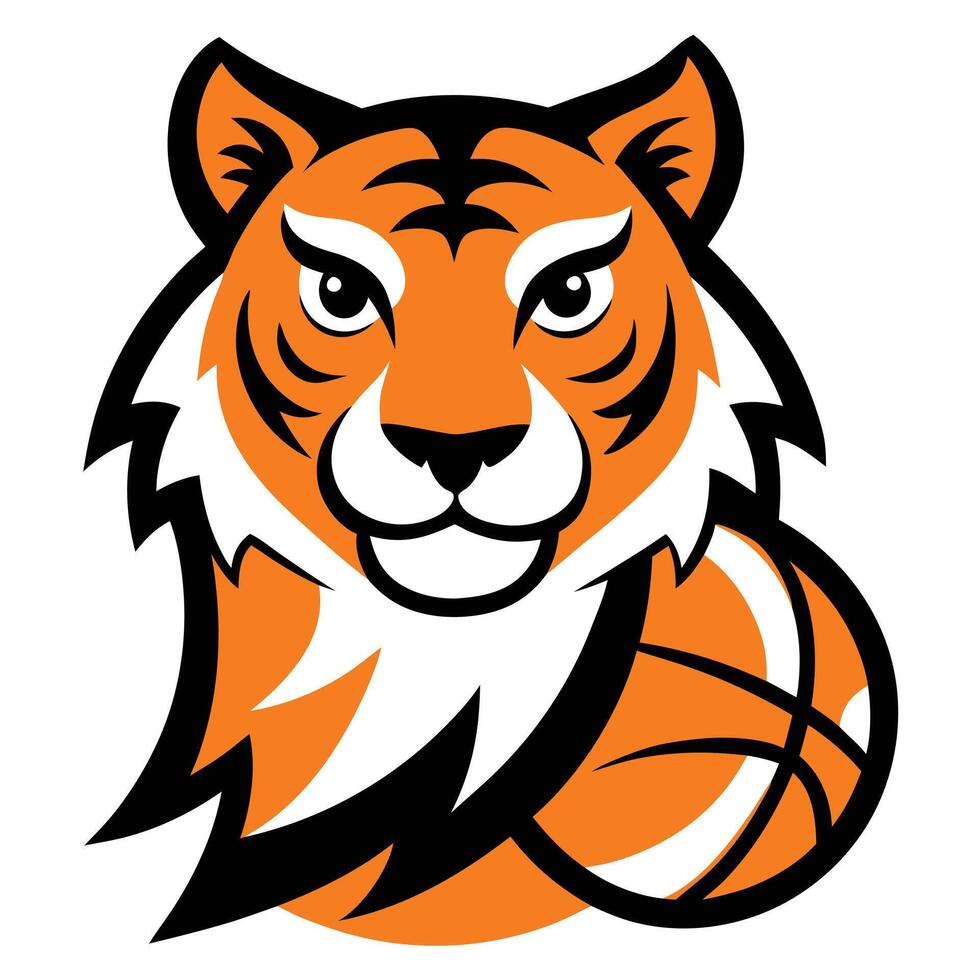Mascot Tiger Head Orange and White with Basketball Elements Isolated Design vector