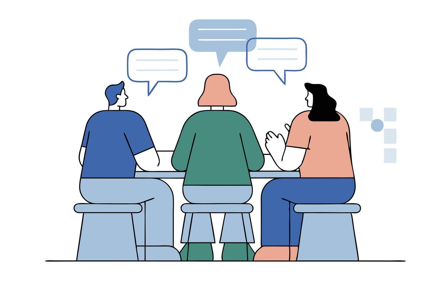 Group of People Talking, Discussion at Table with Speech Bubbles vector