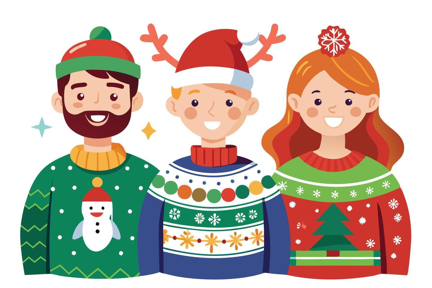 Three People Smiling in Christmas Sweaters with Festive Hats on White Background vector