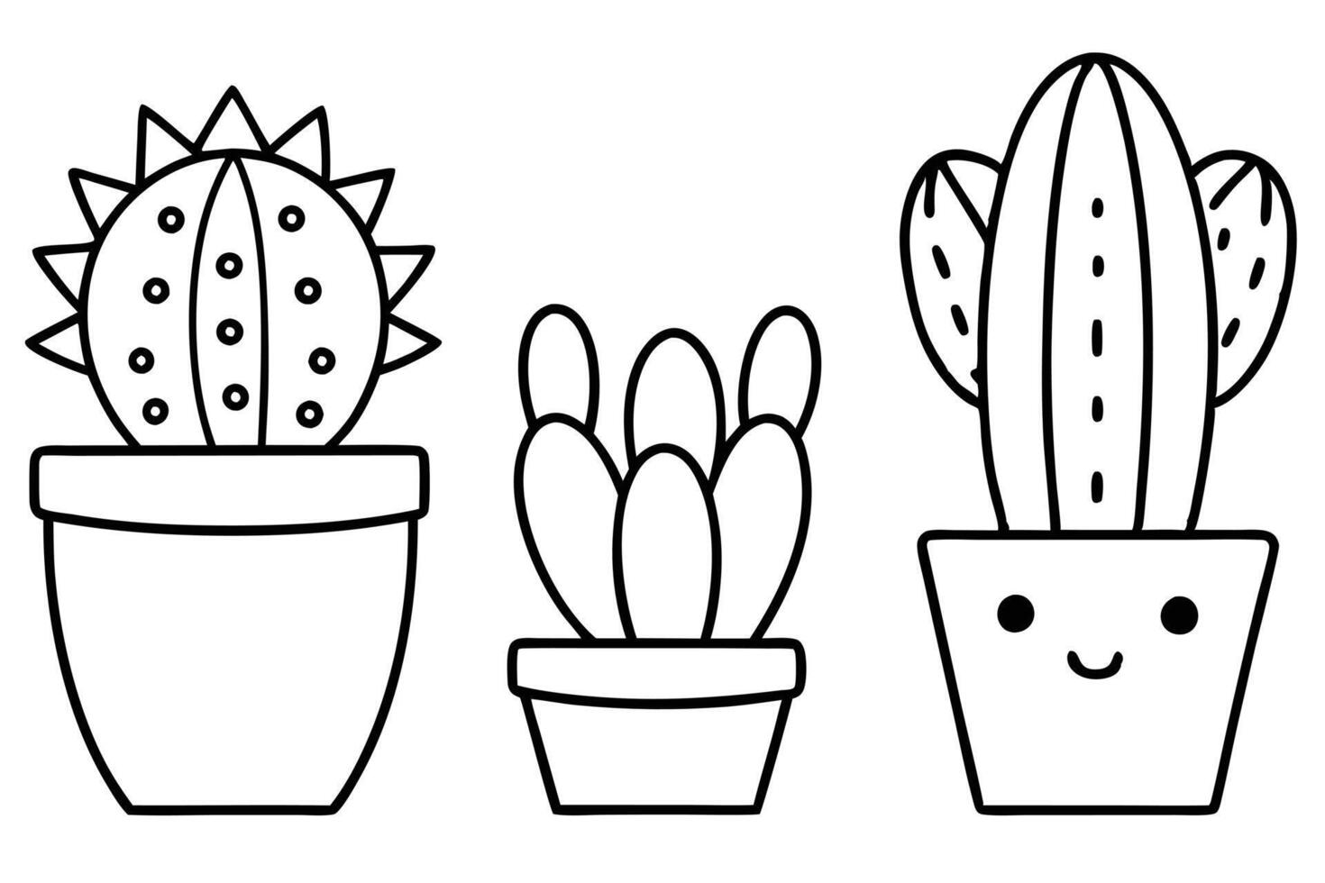 Three Cactus Plants in Pots Line Art Minimalist Style on Transparent Background vector