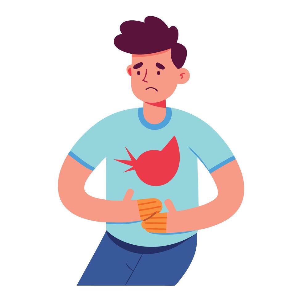 Unhappy Man Holding Stomach in Discomfort Isolated on a White Background Flat Design vector