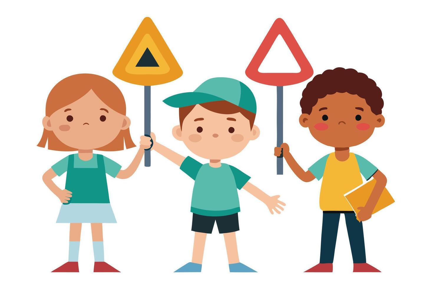 Cheerful Kids Holding Colorful Triangle Signage on a White Background vector
