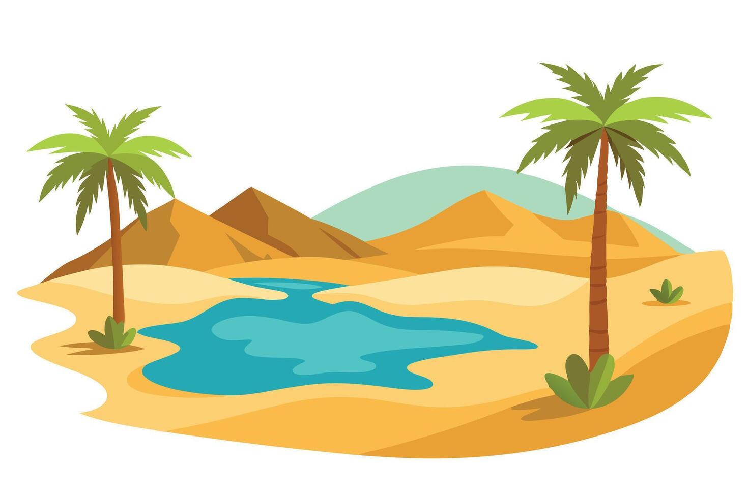 Cartoon Oasis with Palms, Desert, and Water in a Flat Style, Transparent BG vector