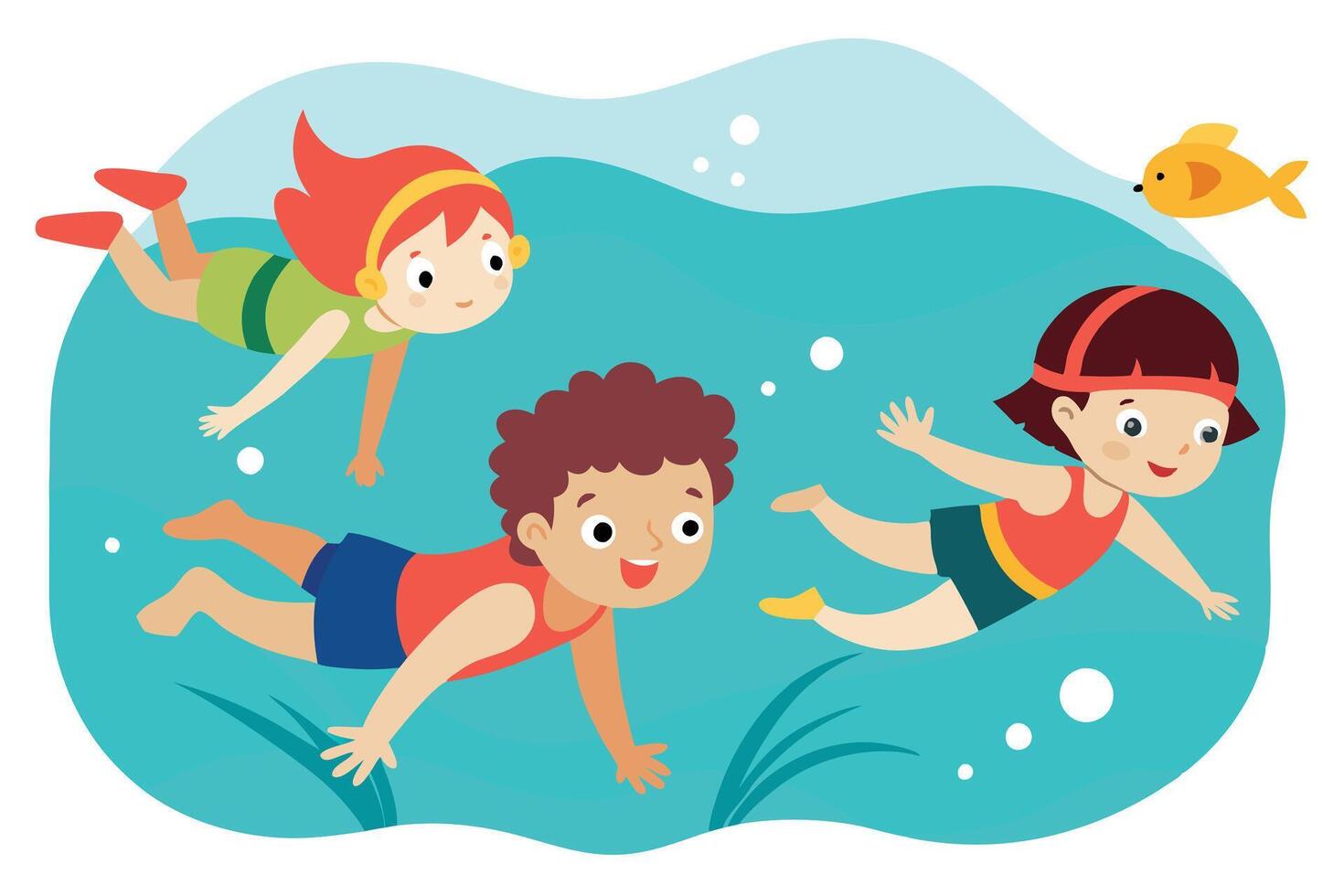Cartoon Swimming Kids, Playful Underwater Friends, Goldfish, Turquoise Water vector