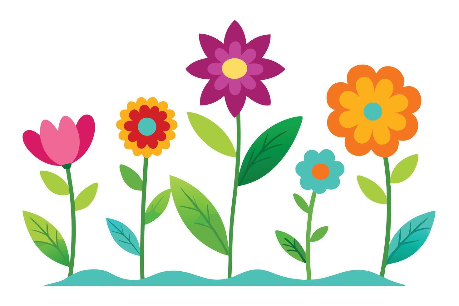 Cartoon Flower Garden with Pink, Purple, Blue, and Orange Flowers vector