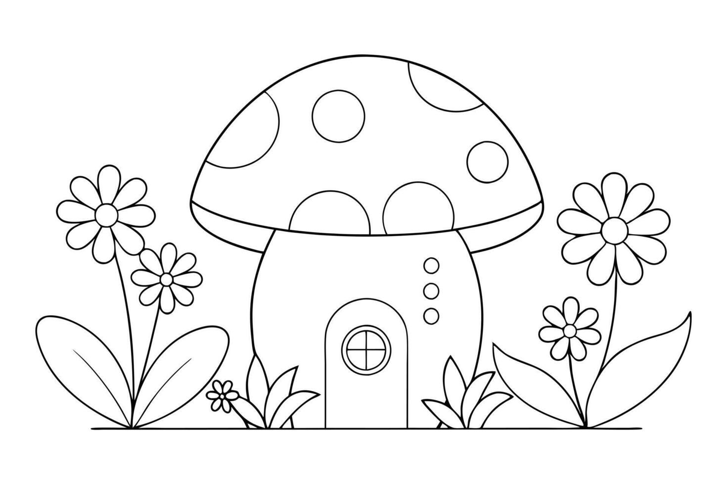 Mushroom House with Daisy Flowers Outline, Whimsical Line Art Design, Isolated vector