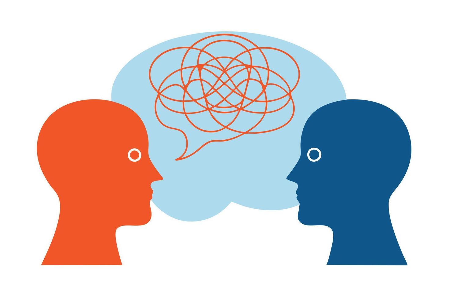 Minds Communication with Tangled Thoughts between Orange and Blue Head Silhouettes vector