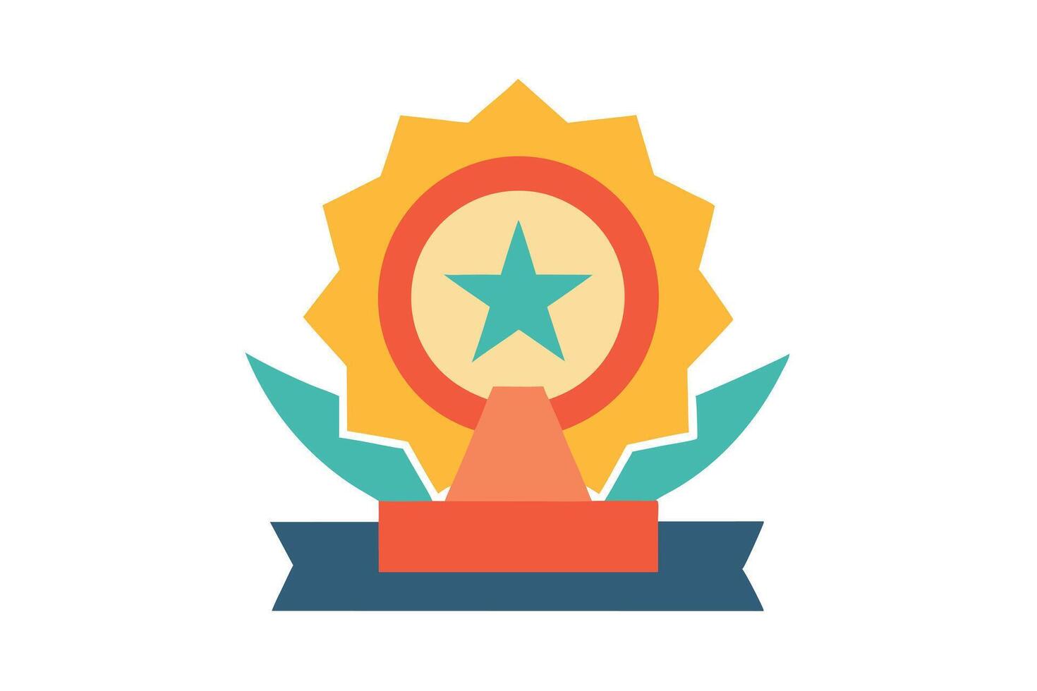 Retro Award Badge with Star, Yellow Burst, Ribbon, and Teal Leaves on White Background vector