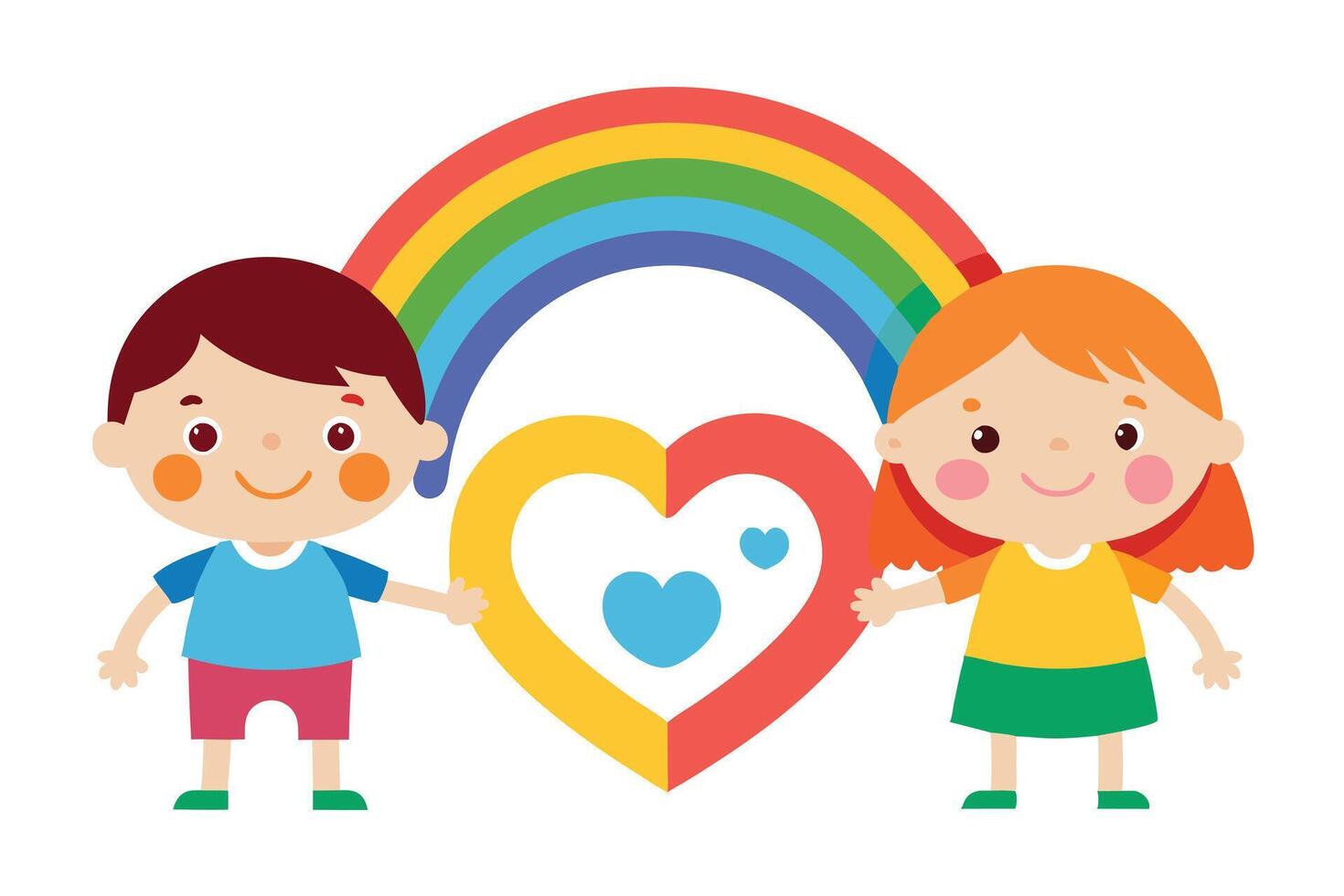 Happy Boy, Girl with Rainbow and Heart Shape on White Background vector