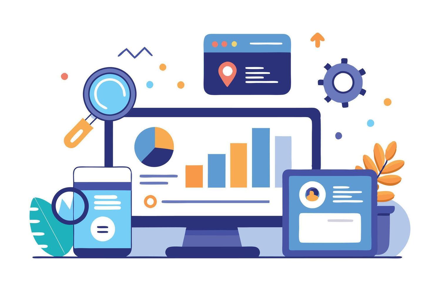 Flat Design of Computer Screen Showing Bar Graph with Magnifying Glass Element vector