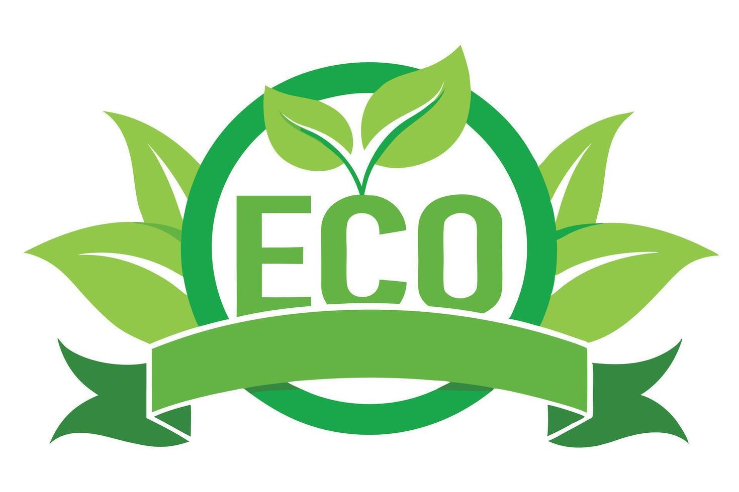 Green ECO Letters Logo Design with Leaves, Circle and Ribbon on White Background vector