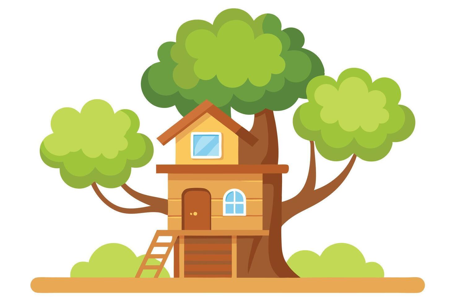 Colorful Treehouse with Green Leaves and Ladder, Cartoon on White vector