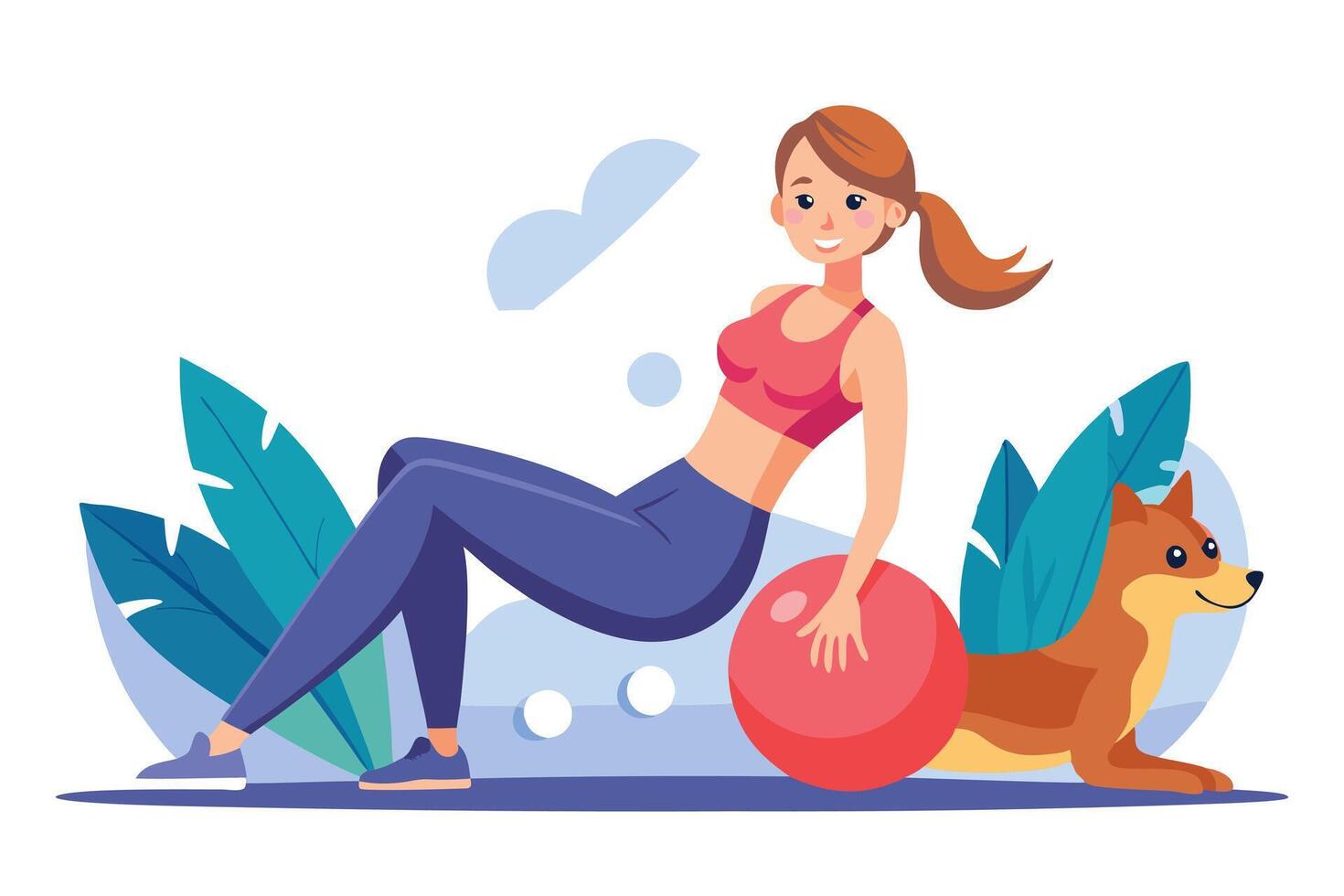 Cartoon Woman Rests on Ball with Dog, Smiling with Plants on a Transparent Background vector
