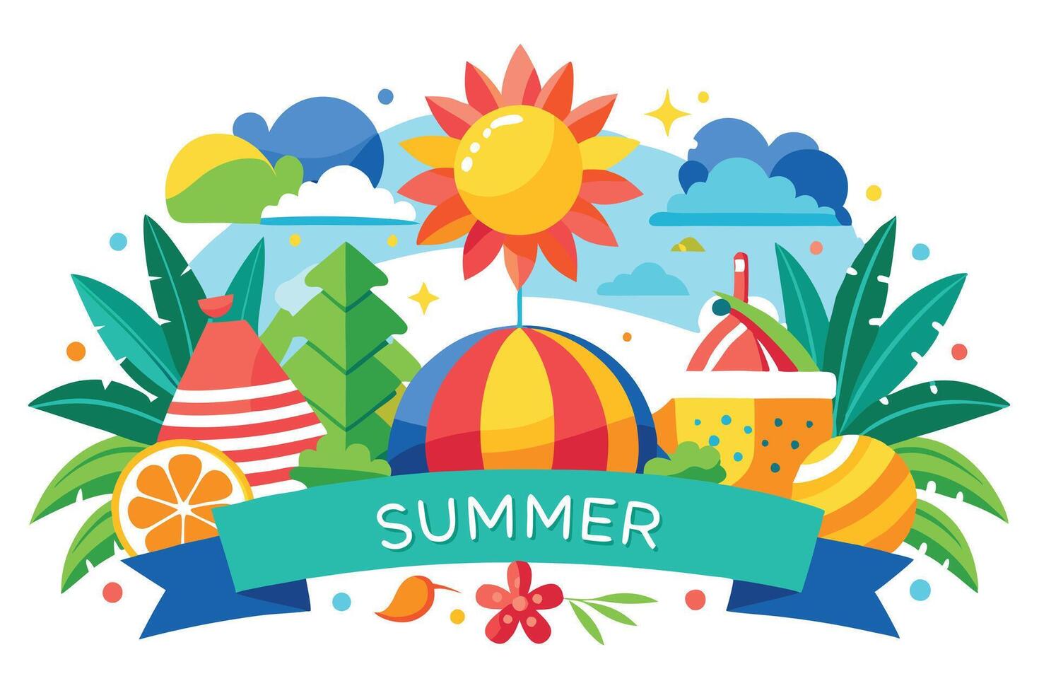 Colorful Summer Flat with Tropical Leaves, Sun, and Blue Ribbon vector