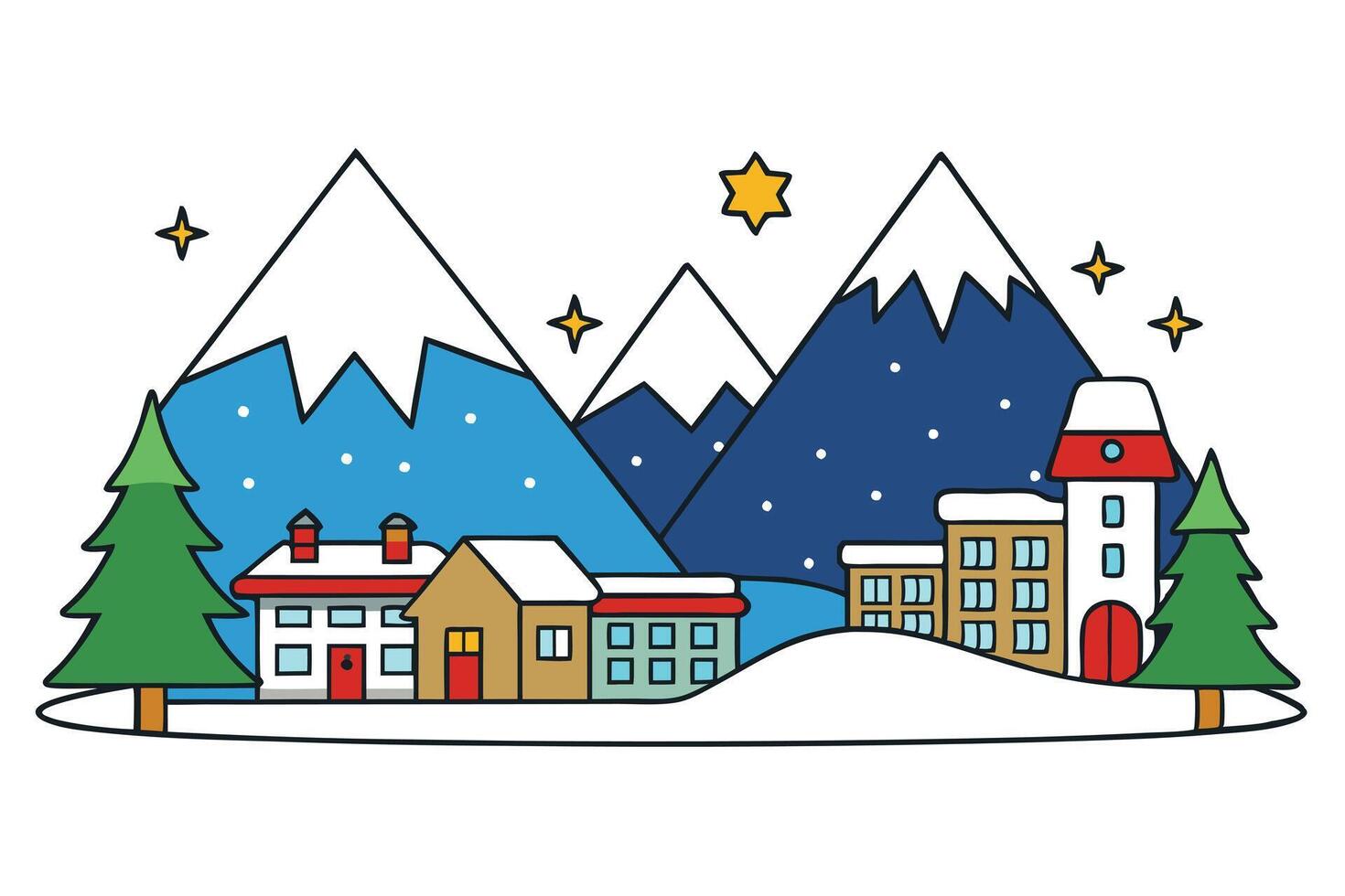 Snowy Mountains, Houses, and Trees Cartoon on White Background vector