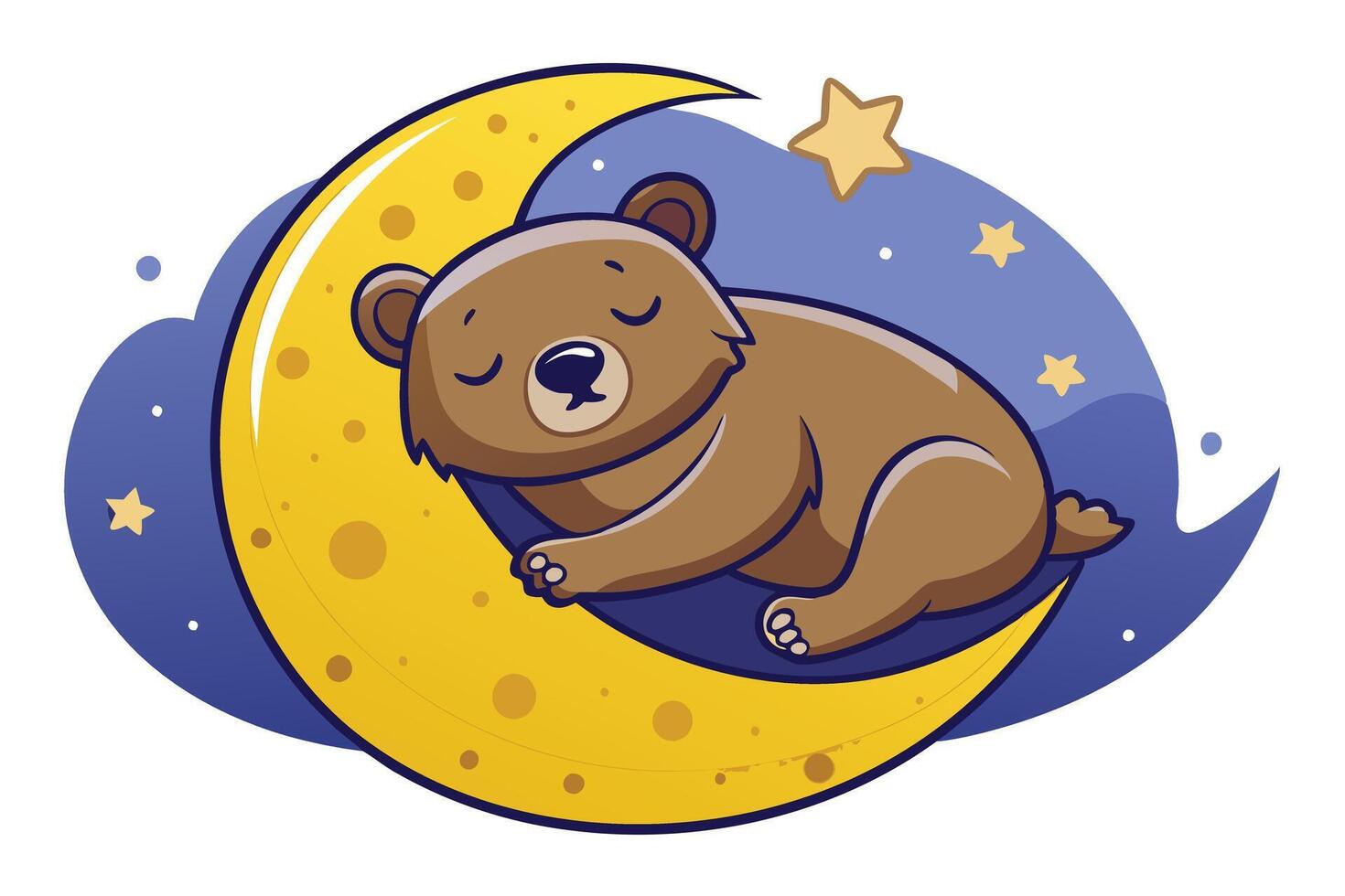 Cartoon Brown Bear Sleeping Peacefully on a Yellow Moon with Stars in Sky vector